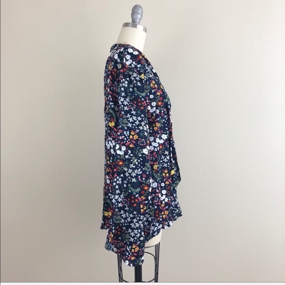 Navy Floral Tie Neck Blouse - Picture 5 of 6